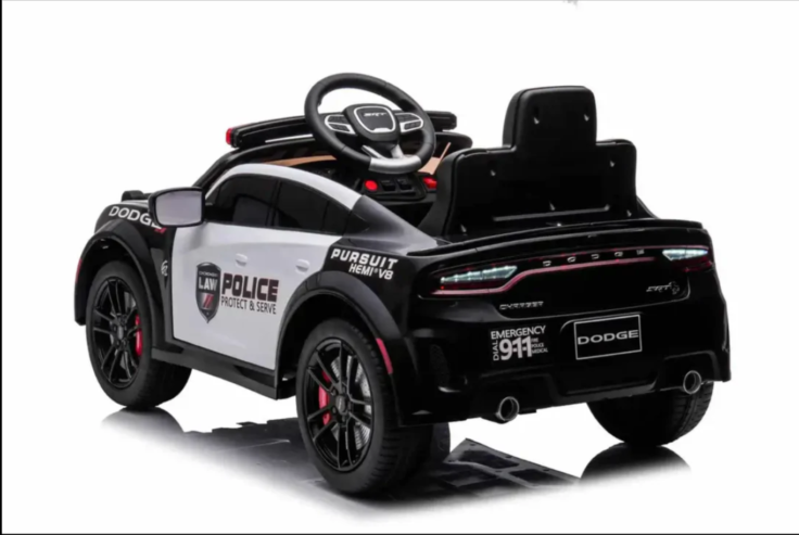 Kids’ 12V Black / White Electric Dodge Police Car – With Microphone, Parental Control & Safety Featu