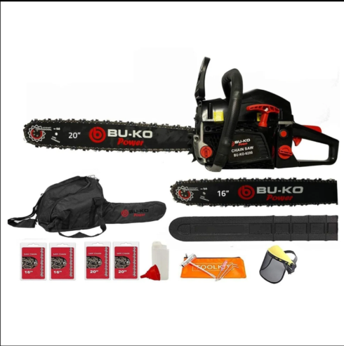 BU-KO 65cc Petrol Chainsaw 3.4HP 20″ Bar & 2 x Chains + 16″ Bar & 2x Chains